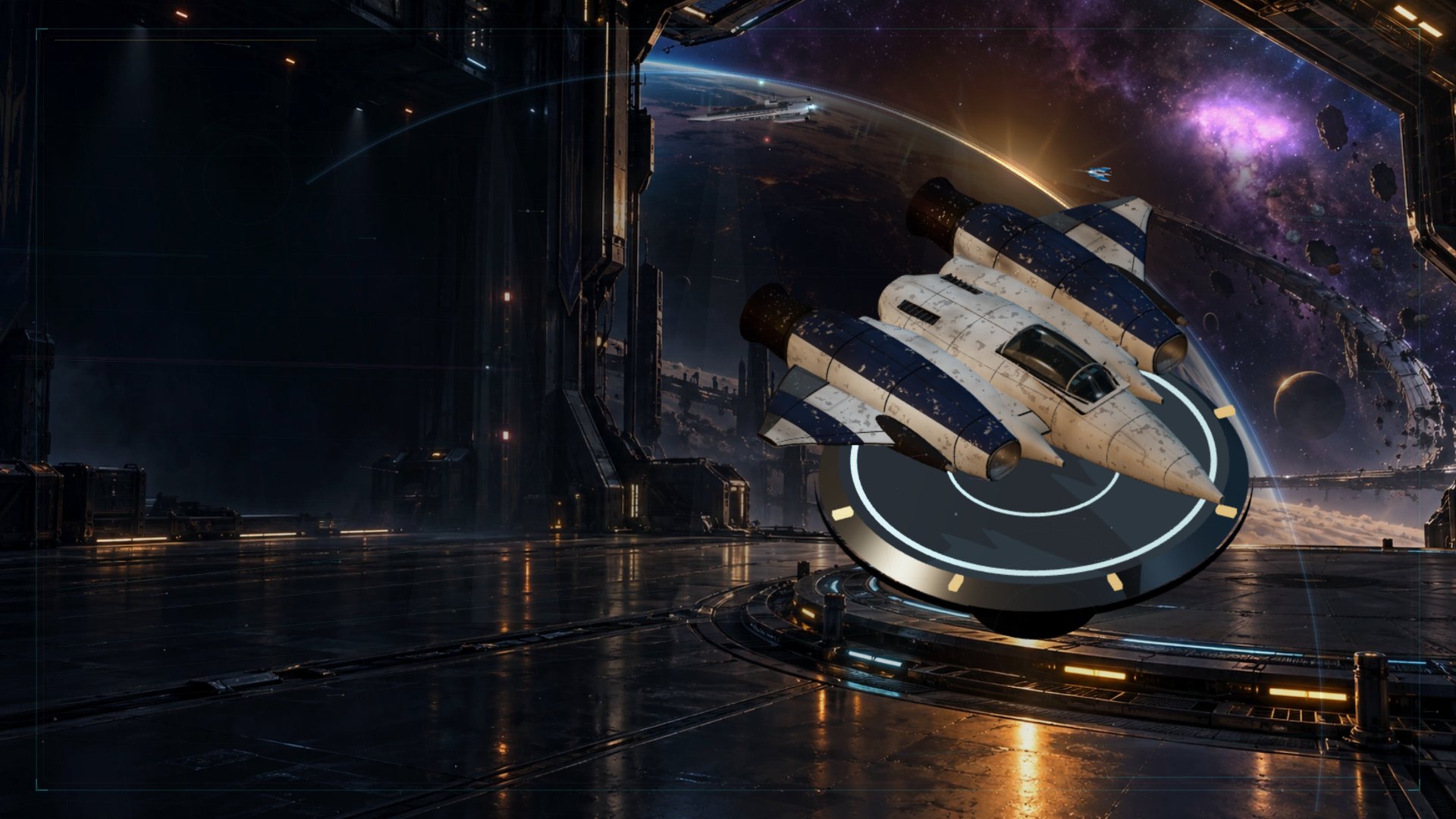 A Nova Swarm fighter on the launch pad inside the hangar bay, looking out at a nebula.