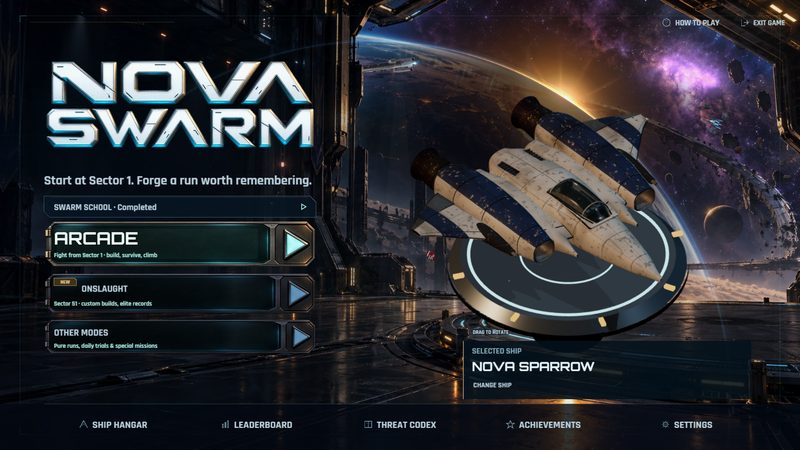 Nova Swarm main menu: the wordmark, mode buttons and a fighter on the launch pad in the hangar bay.