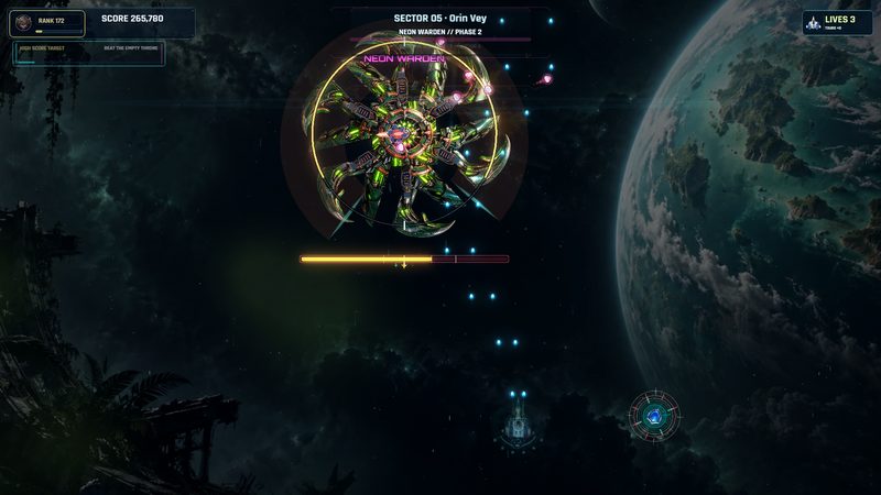 The Neon Warden, a spinning green blade-wheel boss behind a golden shield ring, over a jungle planet.