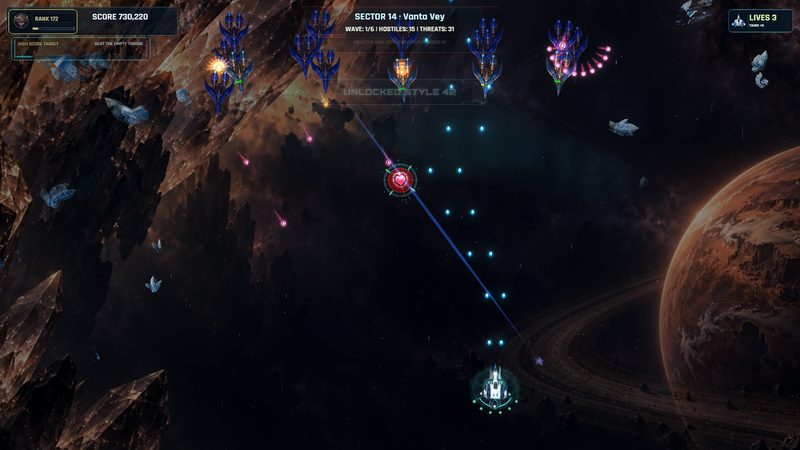 Enemy formations and a tractor beam over an asteroid field and a ringed planet in Sector 14.