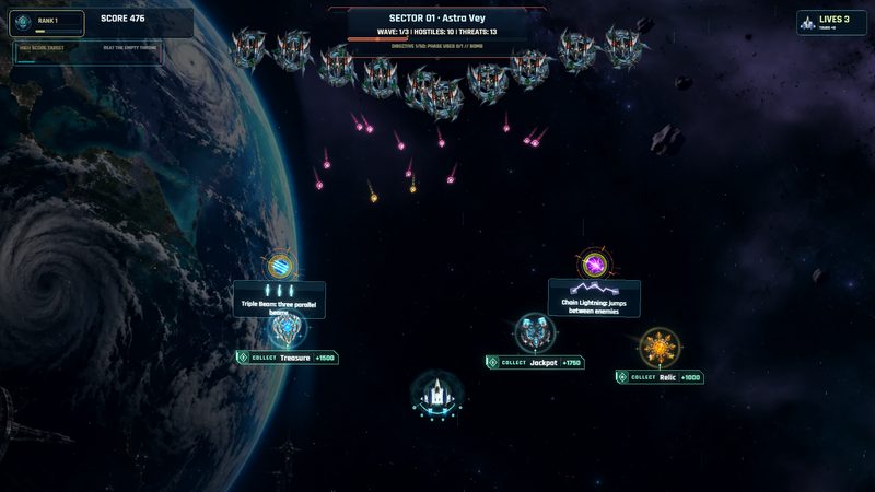 Three glowing bonus cores, Treasure, Jackpot and Relic, hovering near the player's fighter below an enemy formation.