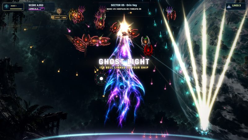 Ghost Light: a translucent violet ghost warship rises behind the player's fighter, its gold bell blazing, while searchlight beams fan across a swarm above a green planet in Sector 5.