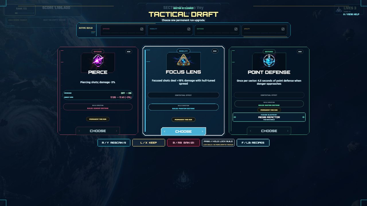 The Tactical Draft screen offering three upgrades: Pierce, Focus Lens and Point Defense.