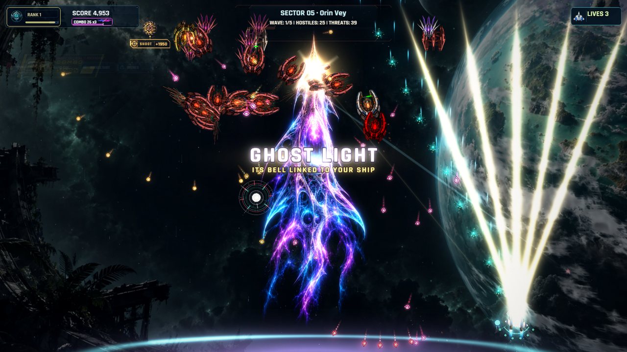 Ghost Light: a translucent violet ghost warship rises behind the player's fighter, its gold bell blazing, while searchlight beams fan across a swarm above a green planet.