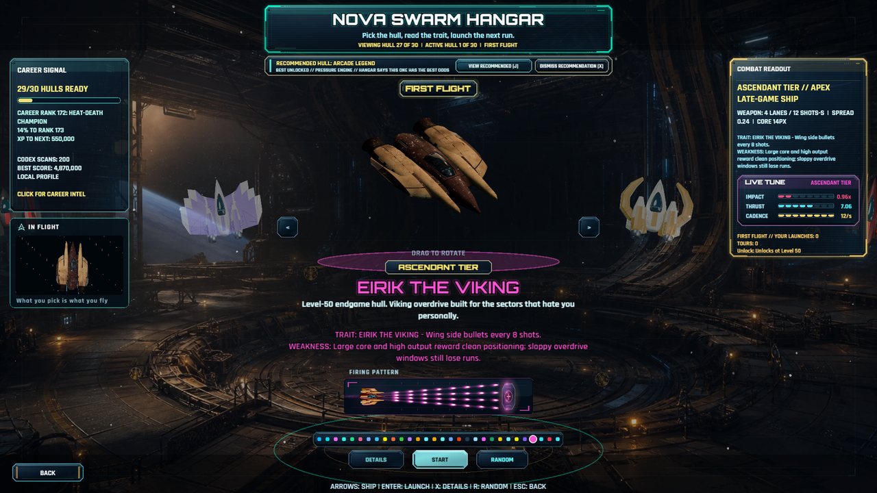 The hangar screen showing the Eirik the Viking ship, its firing pattern, trait and weakness.