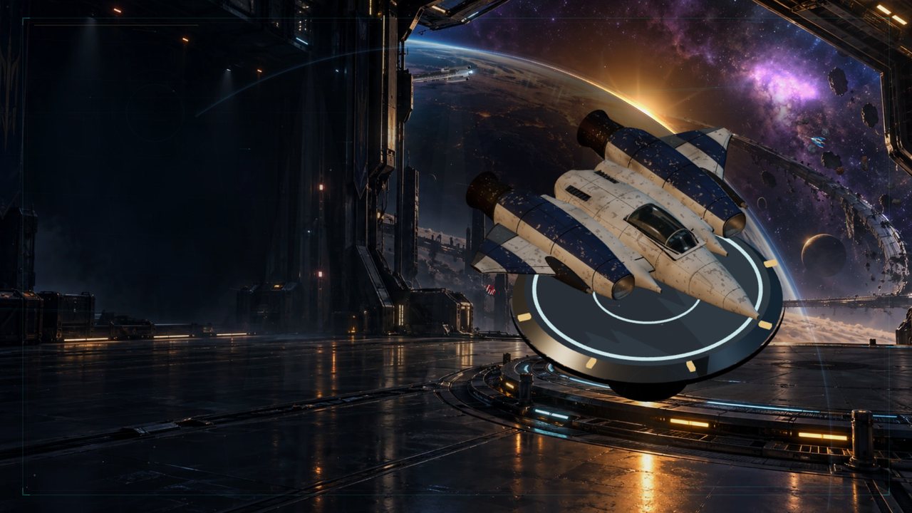 Key art: a Nova Swarm fighter in the hangar bay, no text