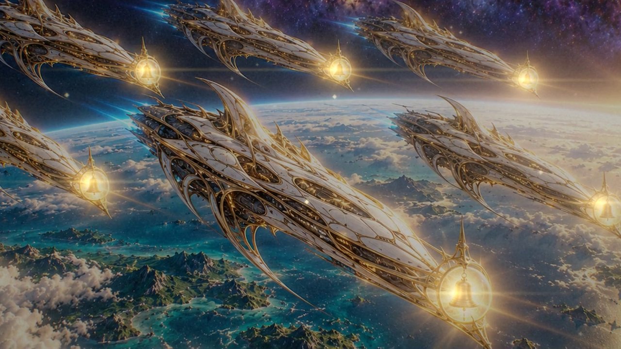 A fleet of white and gold warships with glowing bell lanterns sweeping low over an ocean planet, a frame from the story film.